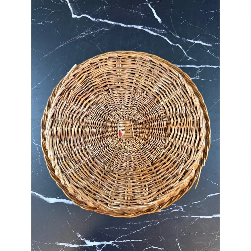 Vintage Round Low Wicker Basket Pot Tray 13in Wide 3in Tall